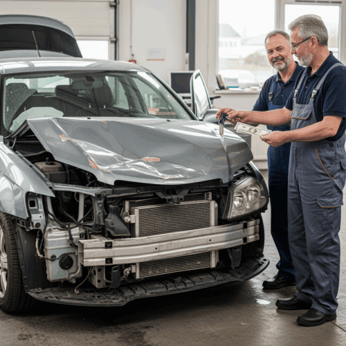 Unfallwagen-Übergabe: Geschädigter übergibt Papiere an Autoverwerter gegen Geld.