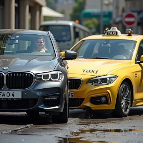 BMW kollidiert mit Taxi an Bushaltestelle; Fahrerin reagiert, Fahrer staunt.