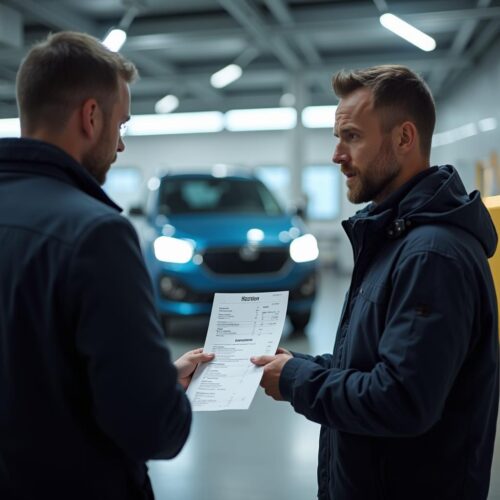 Autowerkstatt: Kunde bespricht Reparaturrechnung mit Mitarbeiter.