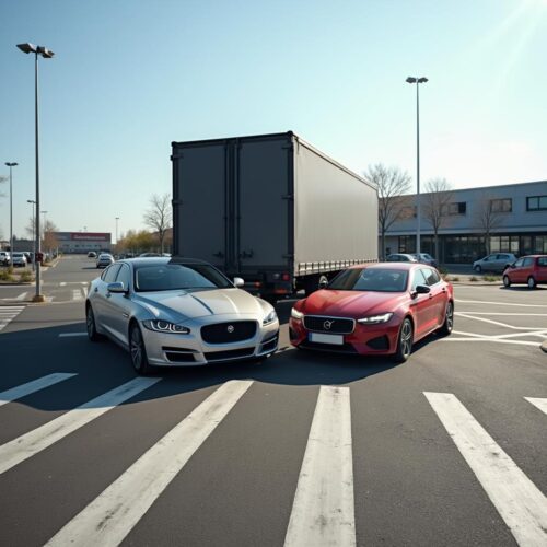 Unfall: Zwei Autos stoßen auf Baumarkt-Parkplatz kollidieren. LKW verdeckt Sicht.