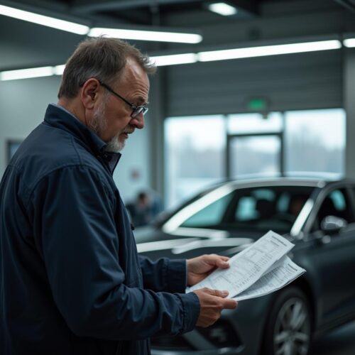 Mann mit Reparaturrechnung und COVID-19 Pauschale in Autowerkstatt irritiert.