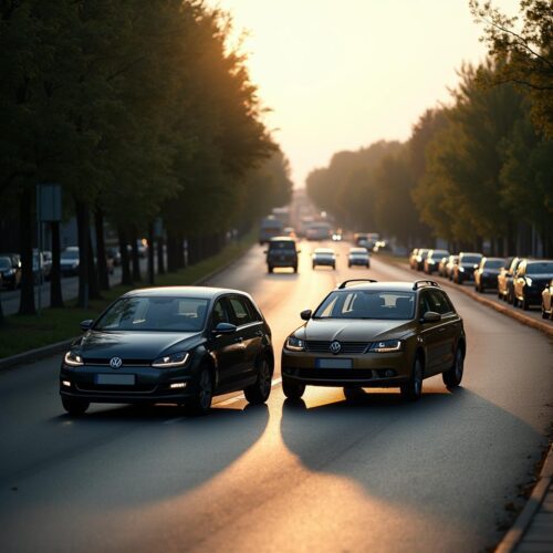 Autokollision: Zwei PKWs in enger Straße nach Ausweichmanöver.