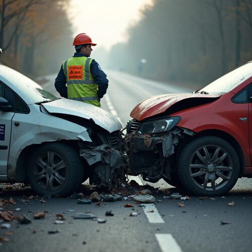 Verkehrsunfall mit beschädigten Fahrzeugen, verletztem Fahrer und Trümmern auf der Straße