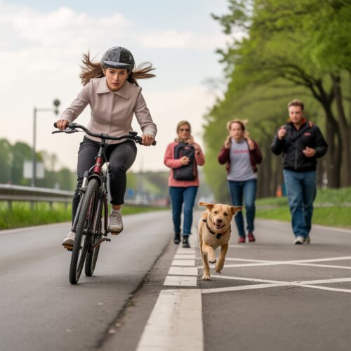 Frau stürzt vom Fahrrad, Hund springt vor das Rad, Begleiter und Spaziergänger beobachten.
