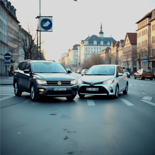 Unfall zwischen VW Tiguan und Toyota Yaris an Kreuzung.