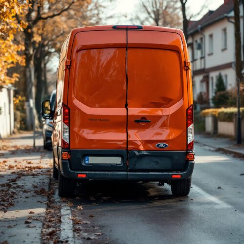 Ford Transit mit Heckschaden nach Auffahrunfall auf Wohnstraße