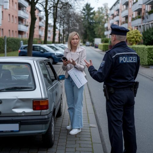 Leasingnehmerin spricht mit Polizist über Unfallschaden an geparktem Auto in Wohngebiet.