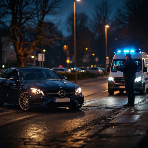 Blick auf Unfall auf Supermarktparkplatz mit Mercedes, Opel, Polizei, Unfallhergang, Haftungsverteilung, Schadensersatz.