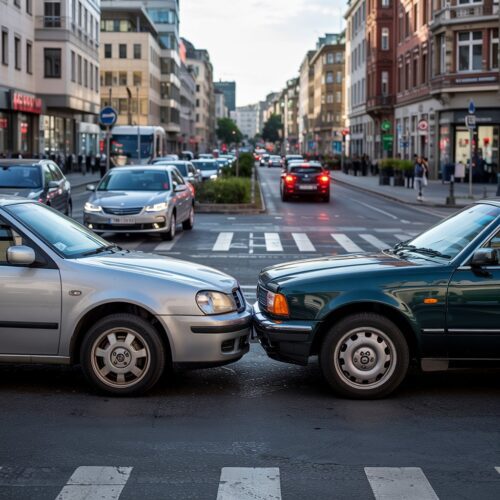 Kreisverkehr-Unfall bei Tageslicht: Dunkler Pkw und silberner Pkw kurz vor Kollision, Verkehrsengpass in deutscher Stadt.