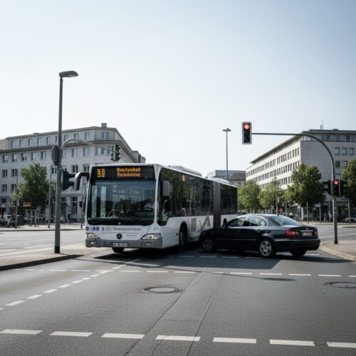 Ein Linienbus überfährt bei klarem Rotlicht eine Haltelinie und prallt heftig gegen einen querstehenden PKW.