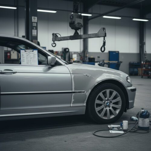 Unfertige, matt gespachtelte Schadensstelle eines stillstehenden Unfallwagens in einer leeren Werkstattecke.