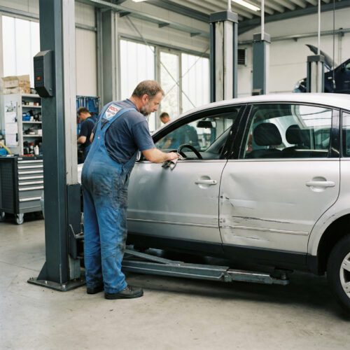 Ein Werkstattmitarbeiter desinfiziert akribisch das Lenkrad eines auf einer Hebebühne stehenden Unfallwagens.