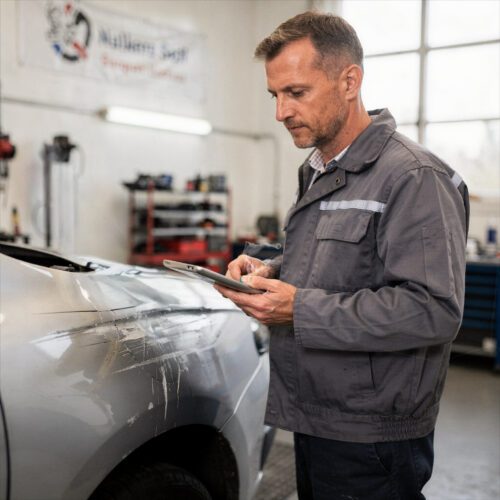 Sachverständiger dokumentiert mit einem Tablet eine tiefe Delle am Kotflügel neben einem angelegten Zollstock.