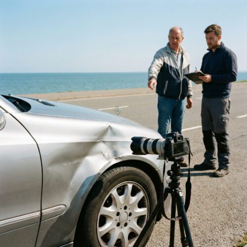 Nahaufnahme einer Expertenkamera, die sachlich eine markante Delle am silbernen Kotflügel an der Küste dokumentiert.