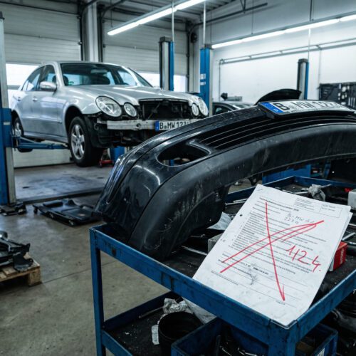 Hand im dunklen Anzugärmel streicht mit rotem Stift Zeilen einer Reparaturliste auf einer Motorhaube durch.