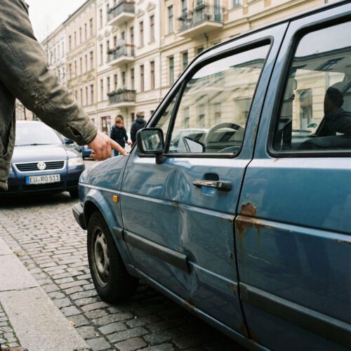 Hand deutet auf eine frische, glänzende Delle neben matten, rostigen Kratzern an der Tür eines alten Kleinwagens.