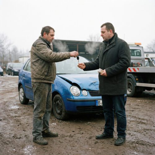 Nüchterne Schlüsselübergabe gegen Geldscheine vor blauem Unfallwagen mit eingedrückter Front und verschobenem Vorderrad.