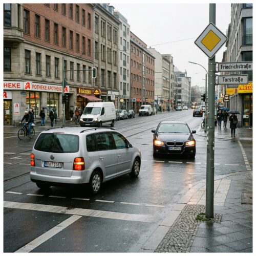Ein Auto fährt trotz gelben Linksblinkers gefährlich geradeaus auf einen abbiegenden silbernen VW Touran zu.