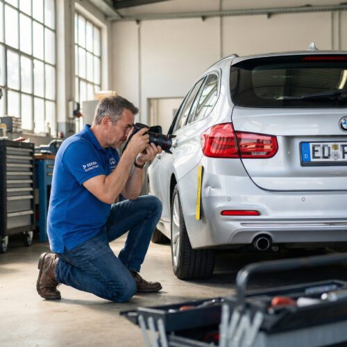 Ein Sachverständiger dokumentiert präzise einen Blechschaden an einem Auto mit Kamera und magnetischem Maßstab.