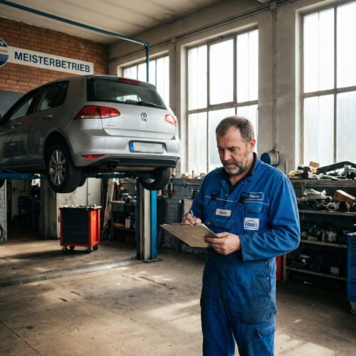 Ein Mechaniker prüft eine Kostenaufstellung auf einem Klemmbrett neben einem Auto auf der Hebebühne.