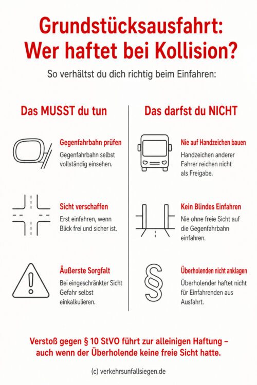 Infografik: Verhaltensregeln beim Einfahren aus einer Grundstücksausfahrt zur Vermeidung der alleinigen Haftung nach § 10 StVO trotz Handzeichen.