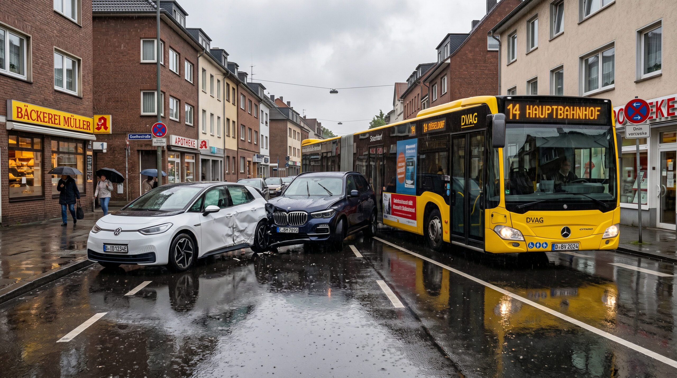 Kollision zwischen einem ausfahrenden dunklen Auto und einem überholenden Wagen neben einem Linienbus auf nasser Straße.