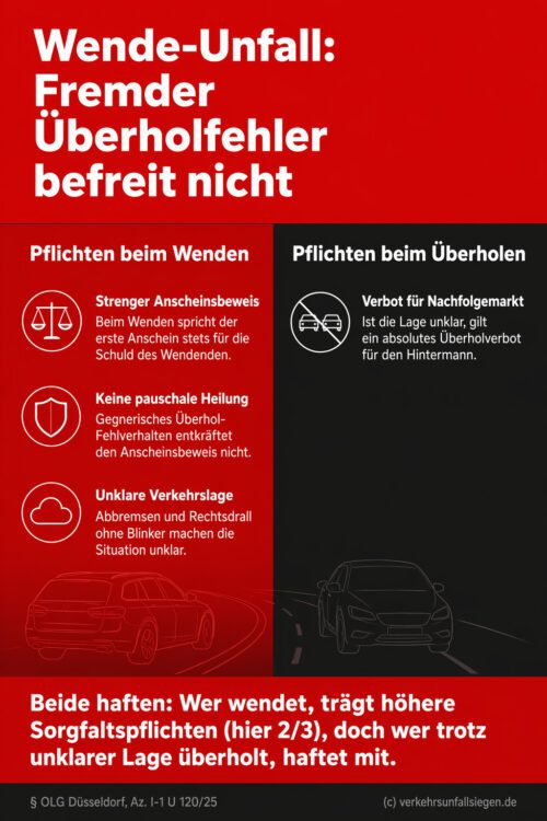 Infografik (Gegenüberstellung): Vergleich der Pflichten beim Wenden und Überholen zur Haftungsverteilung nach OLG-Urteil.