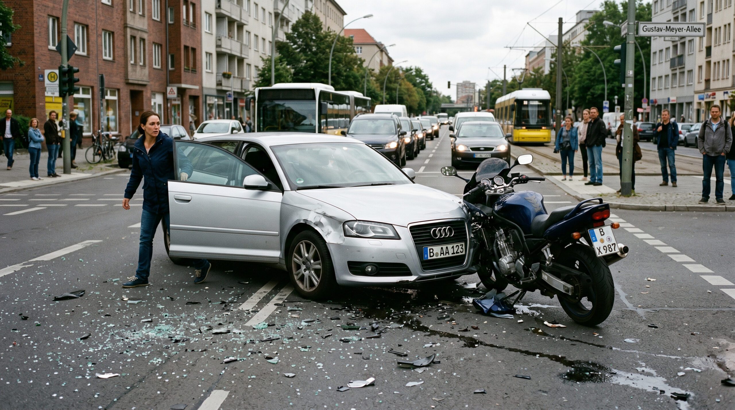 Silberner Audi A3 und Motorrad nach Kollision auf einer Berliner Straße verkeilt, Trümmer auf dem Asphalt.
